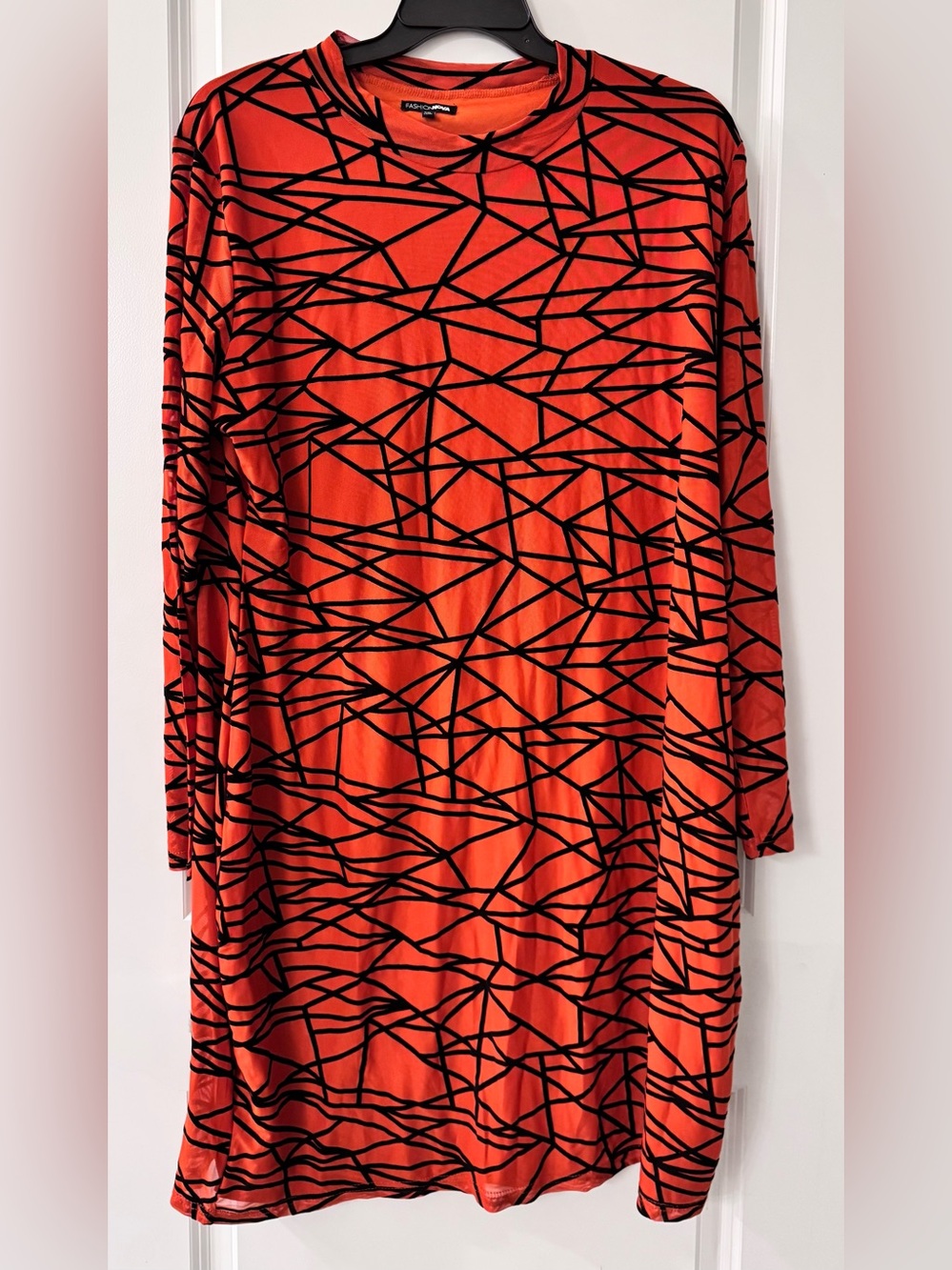 Fashion Nova Orange Mesh with Black Flocked Abstract Spiderweb Design